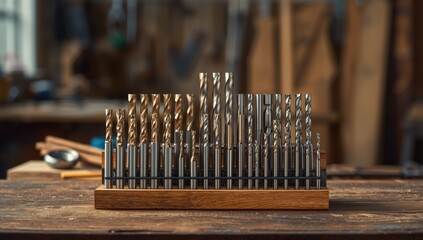 Detail shot of assorted drill bits and hardware on timber surface, highlighting workshop equipment for carpentry tasks