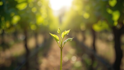 Young grapevine with emerging clusters, focusing on plant development for viticulture, Earth Day