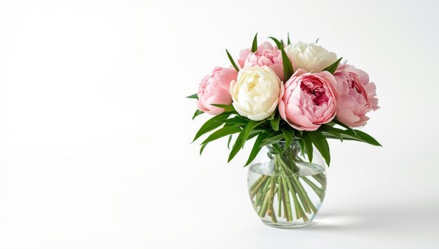 Arrangement of fresh peonies in a glass vase set against a plain white backdrop for floral displays