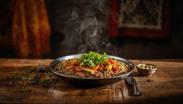 Nepalese dhal bat meal featuring lentils and rice, highlighting plant-based protein, traditional Nepali food, World Food Day
