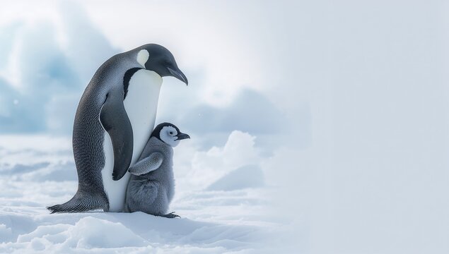 Adult emperor penguin with chick on icy terrain, highlighting wildlife adaptation in harsh environments - Powered by Adobe
