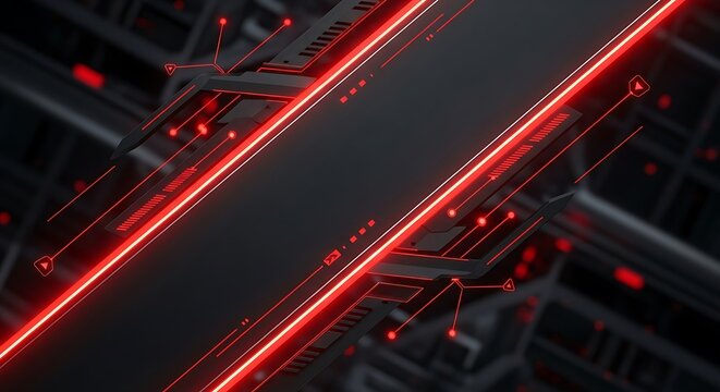 Futuristic technology structure with black elements and glowing red lines - Powered by Adobe
