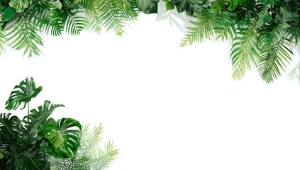 Tropical Monstera shrub with hanging fern and lush foliage against plain background, plant maintenance focus, World Environment Day