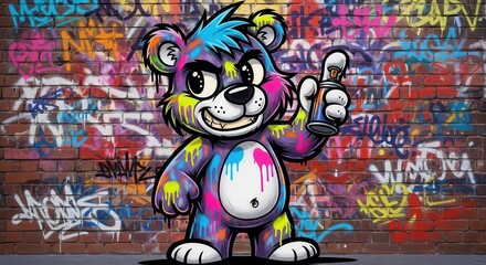 Obraz premium Cartoon animal character stands before a richly decorated urban wall covered in vibrant street art