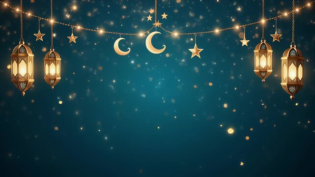 Golden lanterns stars and moons illuminate a festive dark blue night sky with sparkling magical lights and bokeh effect for a beautiful holiday background