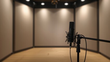 Empty recording space featuring a professional microphone mounted on a swivel boom arm, suitable for online video production