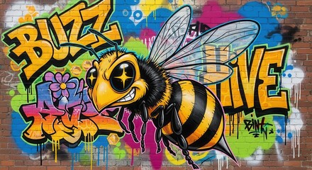 Vibrant street art illustration features a stylized cartoon bee above colorful aerosol paint lettering on a brick wall