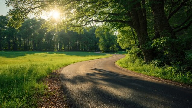Dense green forest during summer with a tourist asphalt road, designed as a background for editorial or UI layout, Earth Day