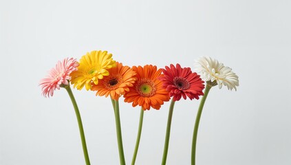 Multiple vibrant gerbera daisies lined up on a white backdrop, ideal for floral layout or decoration, International Flower Day