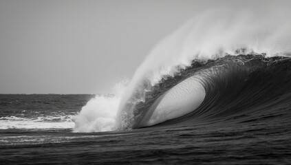 Wave breaking in monochrome, highlighting coastal erosion and natural forces at work