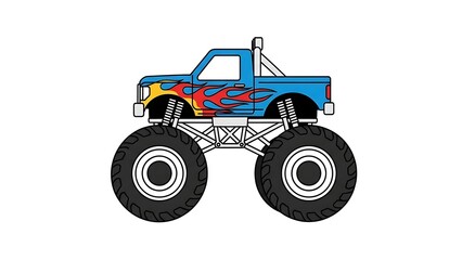 Blue Monster Truck with Flames and Oversized Tires.