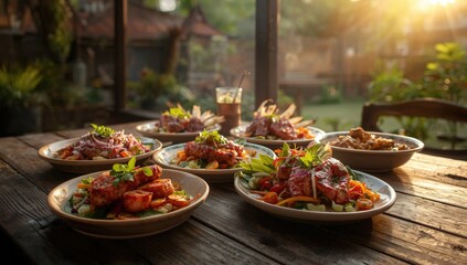 Colorful Thai meal on a table, highlighting vibrant ingredients and preparation techniques for culinary interest