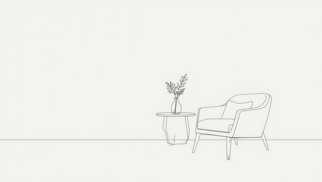 Linear illustration of a modern armchair and side table with a plant vase, focusing on sustainable Scandinavian furniture, World Furniture Day