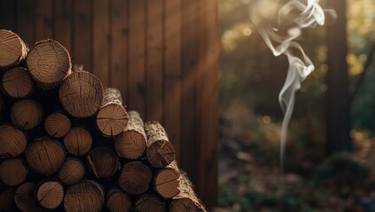 Wooden background with neatly stacked logs prepared for winter firewood storage, ideal for editorial use.