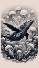 An engraved style whale and jellyfish art, Ai generated image