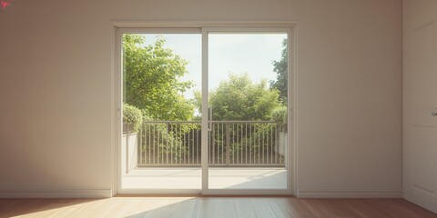 Fototapeta premium White plastic framed glass door opening to a balcony terrace, suitable for outdoor area design
