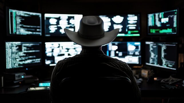 Ethical hacker wearing a white cowboy hat in a dark room illuminated by multiple screens displaying code, symbolizing cybersecurity and data protection