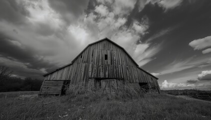 Black and white image of a barn under storm clouds, highlighting rural weather conditions, Earth Day
