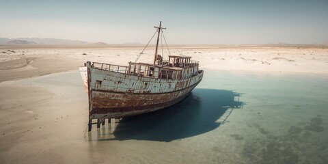 Rusty shipwreck on the dried-up seabed of the Aral Sea in Moynaq, environmental degradation awareness day
