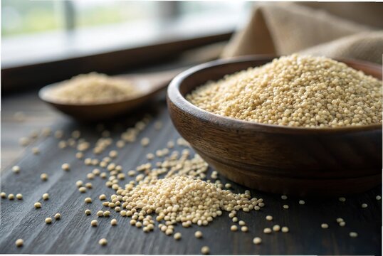 Close-up macro photograph of fonio grains, tiny pale-golden seeds scattered on a dark wooden surface, ultra-sharp focus revealing texture and size,