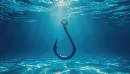 Login details linked to a sizable hook submerged in blue water, illustrating cybersecurity threats