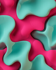 Smooth matte silicone blobs melting and layering with organic curves in vibrant mint and pink pattern for sensory background