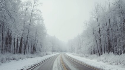 Fototapeta premium Forest pathway blanketed in snow during winter, suitable for editorial header backgrounds