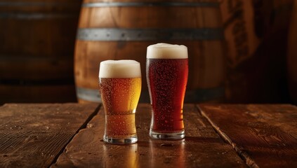 Craft beer glasses and wooden barrel on the table viewed from above, Beer and Ale Day