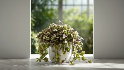 Young Tradescantia Zebrina shoots in a potted plant, urban gardening techniques and sustainability practices