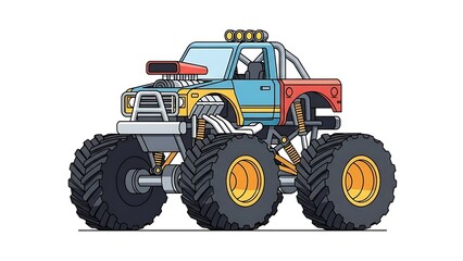 Colorful Cartoon Monster Truck with Oversized Tires and Powerful Engine.