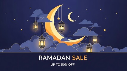 Naklejka premium Ramadan Sale Banner with Crescent Moon and Lanterns.