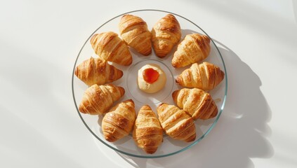 Jar of jam and baked crescent rolls on a glass platter, bakery setting fresh pastry preparation