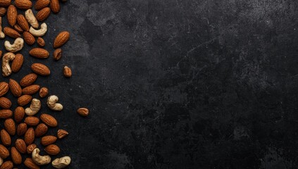 Nuts including almonds and cashews placed on a dark stone background, suitable for health-conscious eating themes