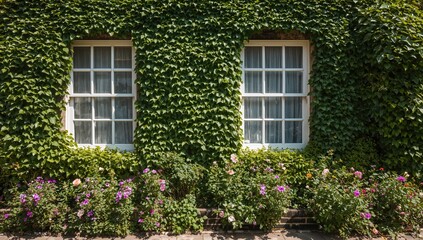 English home enveloped in dense ivy with white-trimmed textured glass windows and flowering garden, highlighting plant coverage in urban architecture, Earth Day