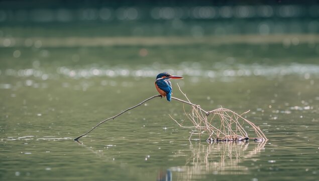 Eurasian Kingfisher resting on a branch near water, highlighting birdwatching environment
