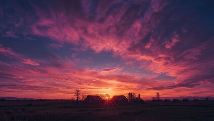 Panoramic view of a village in the Budjak steppe at sunset under a dark, tragic sky, highlighting rural landscape