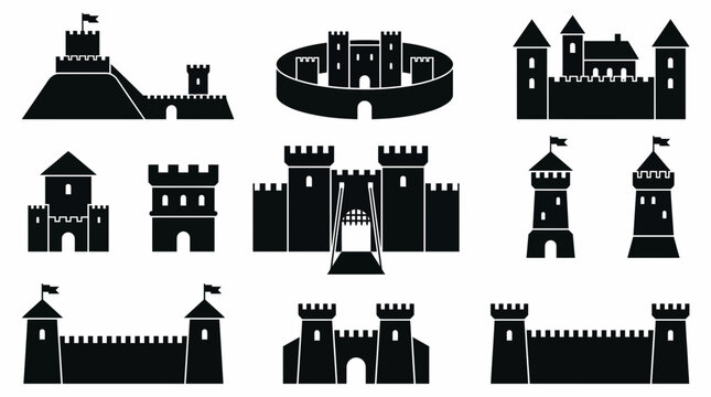 Black silhouette vector collection of various medieval castles, fortresses and towers, concept for gaming development, logo creation and web user interface design