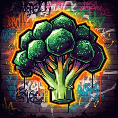 Obraz premium Vibrant graffiti artwork of a stylized vegetable head on a weathered brick surface