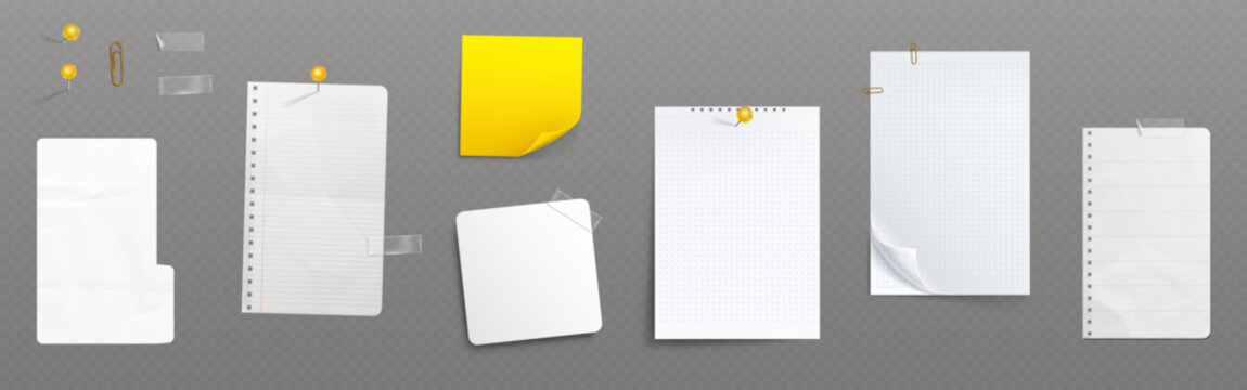Paper and clips stationery set with sticky notes and memo pads. Office collection with realistic pushpins, notepad sheets and binder clips. Vector bulletin board elements with adhesive labels.