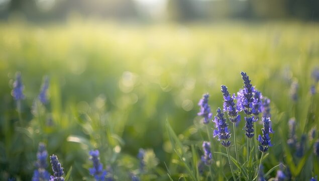 Lavender blossoms in full bloom across a peaceful summer meadow, suitable for floral background applications