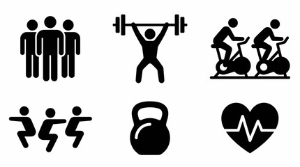 Collection of detailed black vector icons illustrating fitness activities like weightlifting, cardio and group training, concept for workout apps, fitness center design and health promotion campaigns