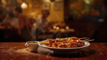 Marinated paneer pieces on skewers, an Indian vegetarian starter preparation techniques, food safety