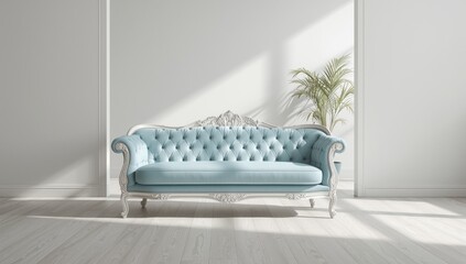 Baroque style sofa from vintage furniture collection with pastel blue upholstery and carriage tie, suited for interior decor and furniture manufacturing