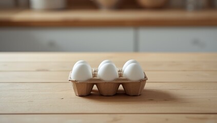 Six eggs in a cardboard carton, illustrating food storage and handling, World Egg Day