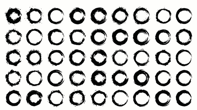 Seamless pattern of various abstract black distressed ink circles and grunge brush stroke enso elements on a white background, concept for graphic design, texture overlay and logo creation
