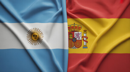 Dynamic Argentinian and Spanish flags waving together, symbolizing unity, partnership, and cultural exchange in a professional context.