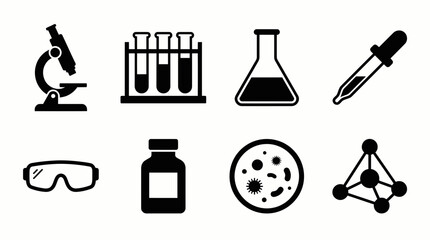 Essential black laboratory icons set featuring microscope, test tubes, flask and molecular structure, concept for scientific research, academic presentations and biotechnology design