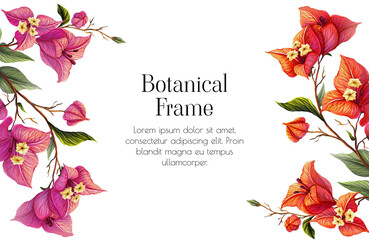 Tropical frame with bougainvillea flower. Botanical template with a delicate branch of an exotic plant. Floral decoration for cards, invitations