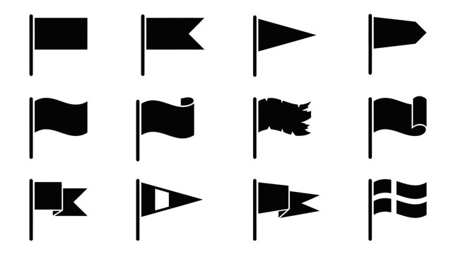 Set of 12 black flag vector icons displaying various shapes, pennants and waving styles on a white background, concept for web design, application interfaces and navigation symbols