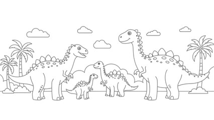Fototapeta premium Cute Dinosaur Family Coloring Page: Stegosaurus and Brontosaurus Illustration